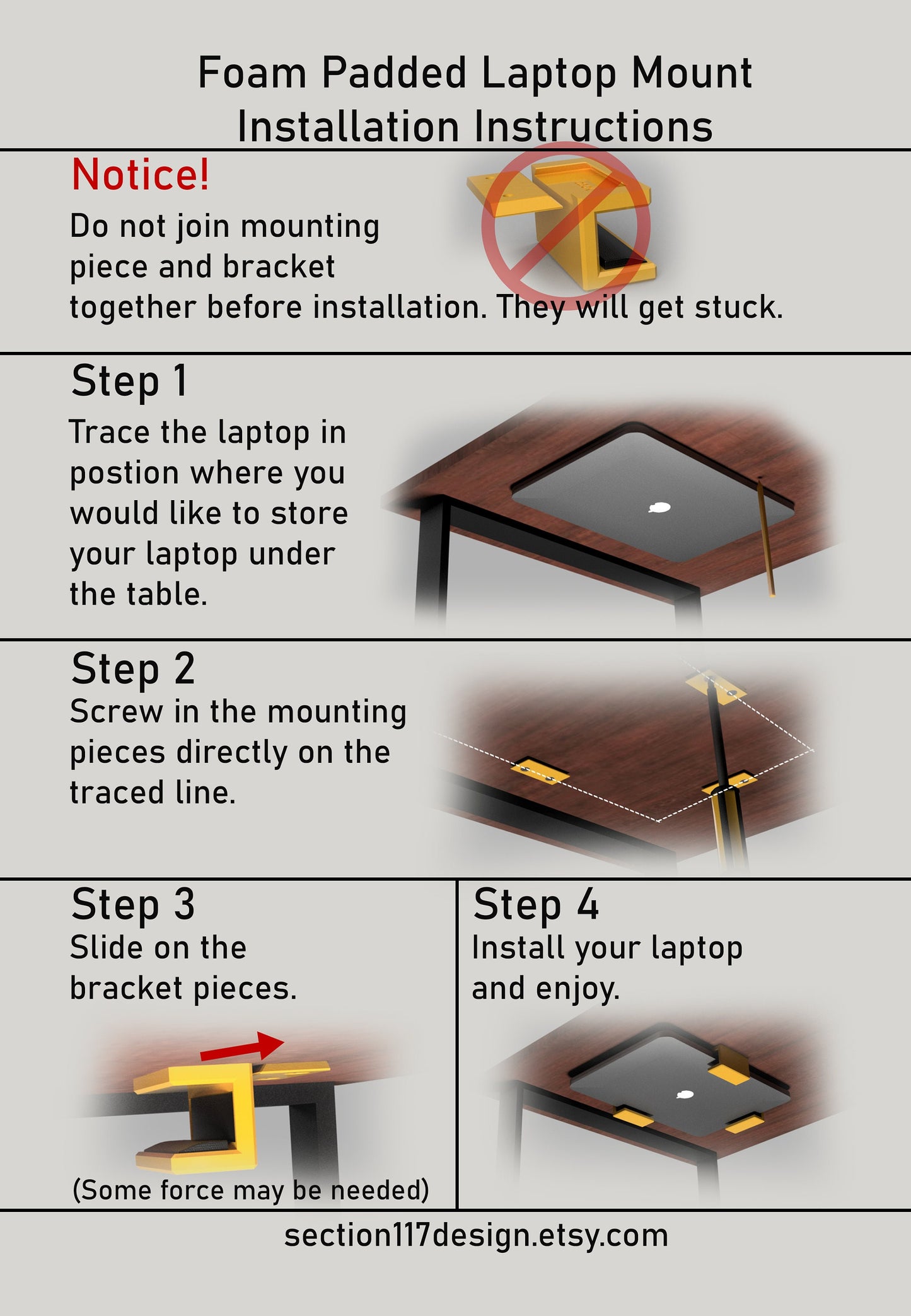 Laptop Under Desk Mount - Hidden Screws with Foam Protection